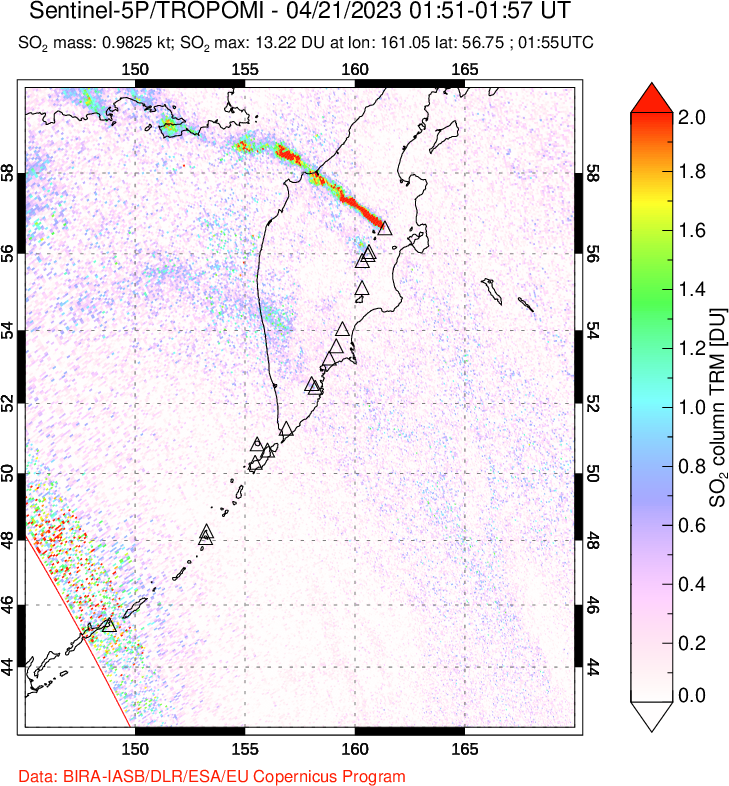 A sulfur dioxide image over Kamchatka, Russian Federation on Apr 21, 2023.
