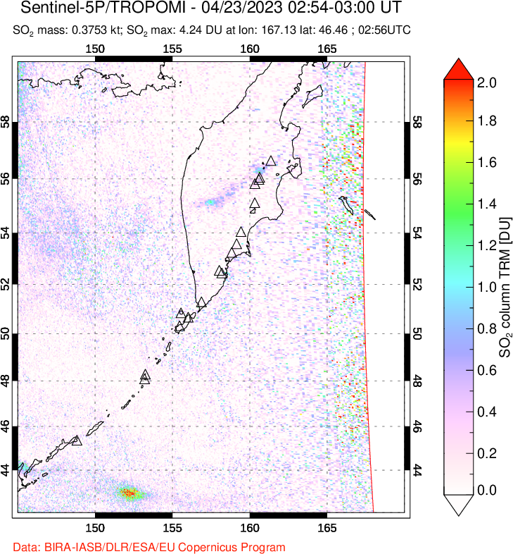 A sulfur dioxide image over Kamchatka, Russian Federation on Apr 23, 2023.