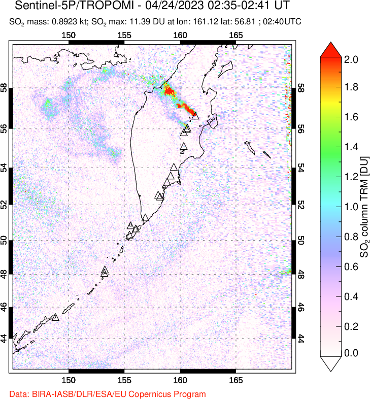 A sulfur dioxide image over Kamchatka, Russian Federation on Apr 24, 2023.