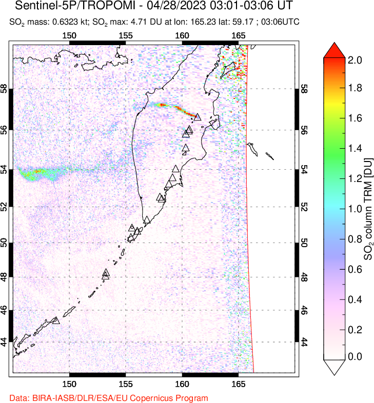 A sulfur dioxide image over Kamchatka, Russian Federation on Apr 28, 2023.