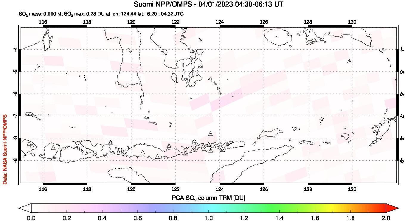 A sulfur dioxide image over Lesser Sunda Islands, Indonesia on Apr 01, 2023.