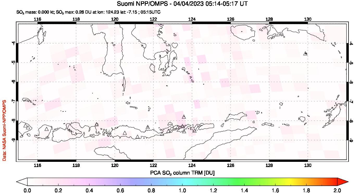 A sulfur dioxide image over Lesser Sunda Islands, Indonesia on Apr 04, 2023.