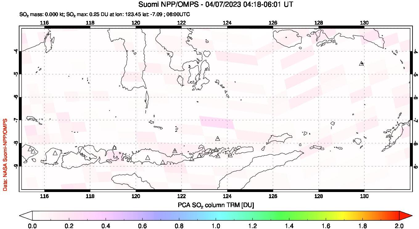 A sulfur dioxide image over Lesser Sunda Islands, Indonesia on Apr 07, 2023.