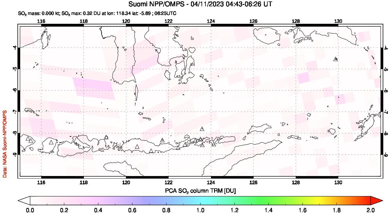 A sulfur dioxide image over Lesser Sunda Islands, Indonesia on Apr 11, 2023.