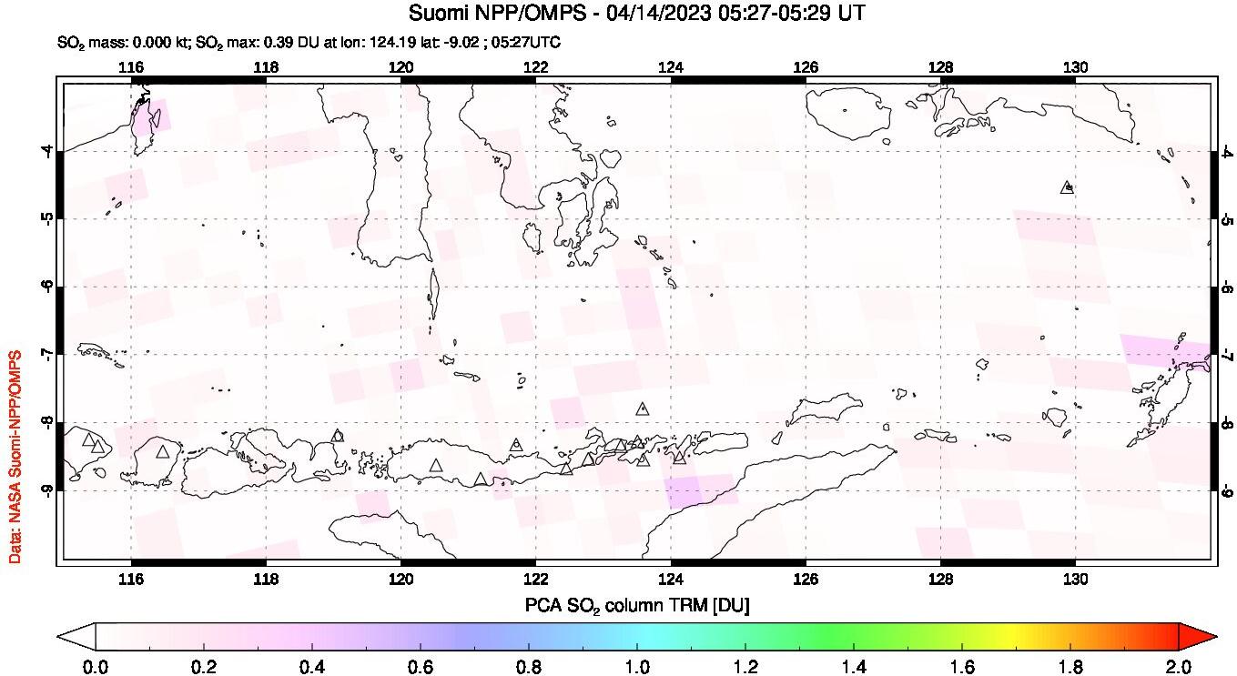 A sulfur dioxide image over Lesser Sunda Islands, Indonesia on Apr 14, 2023.