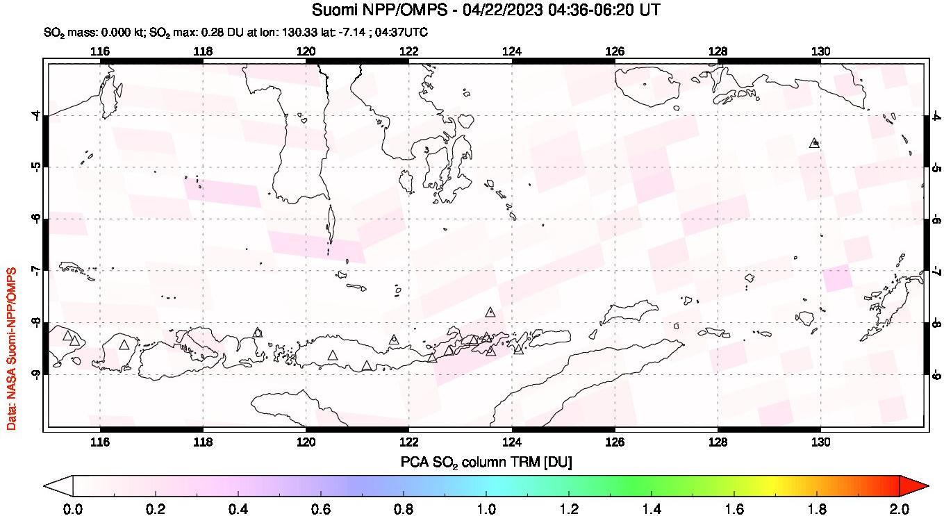 A sulfur dioxide image over Lesser Sunda Islands, Indonesia on Apr 22, 2023.