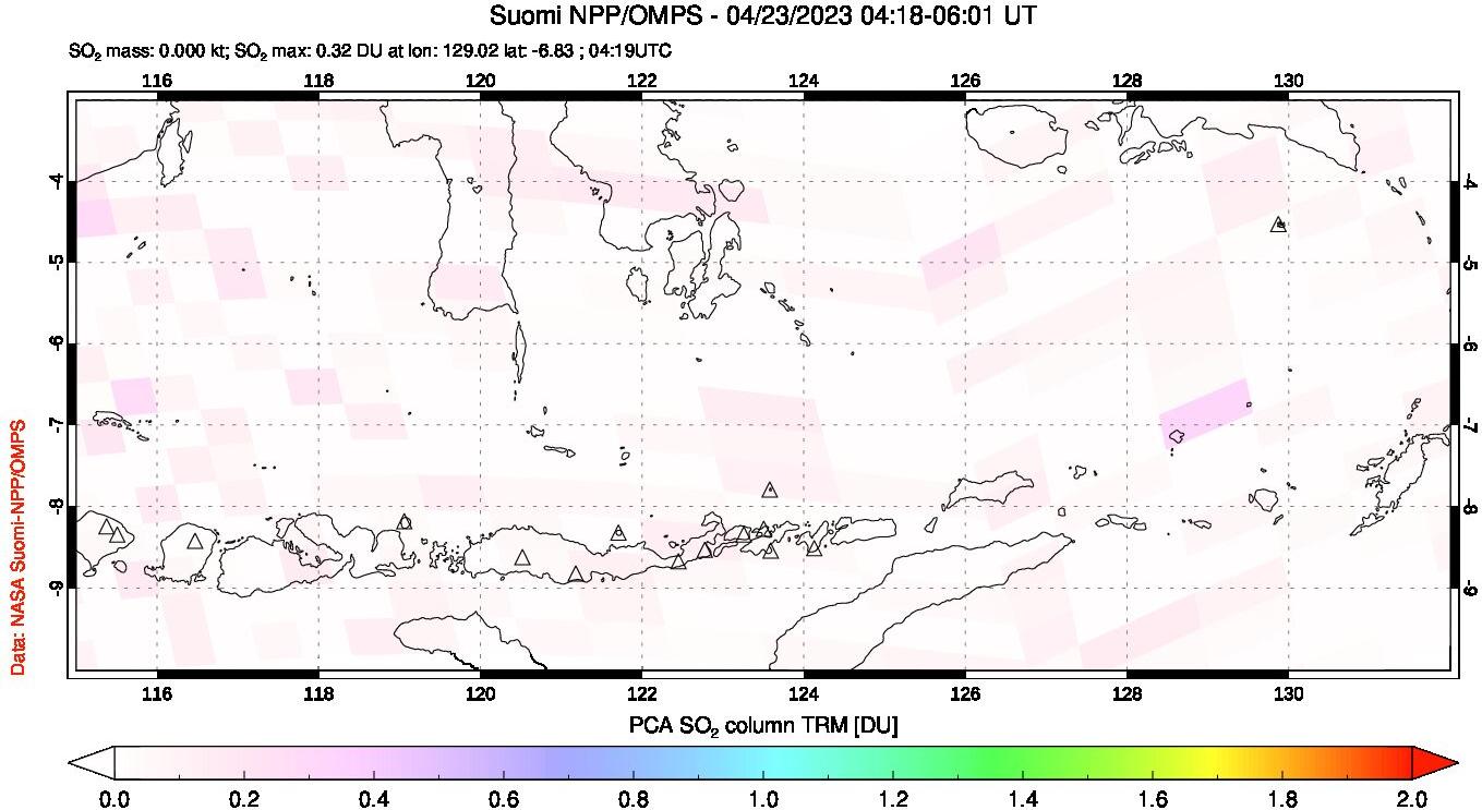 A sulfur dioxide image over Lesser Sunda Islands, Indonesia on Apr 23, 2023.