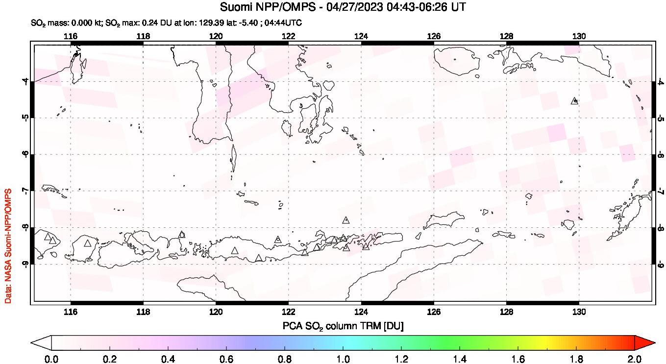 A sulfur dioxide image over Lesser Sunda Islands, Indonesia on Apr 27, 2023.