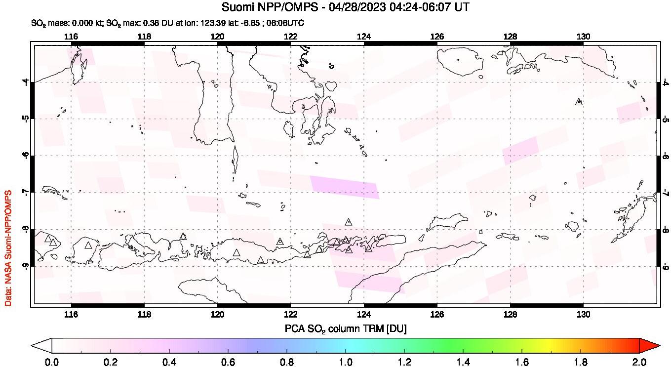 A sulfur dioxide image over Lesser Sunda Islands, Indonesia on Apr 28, 2023.