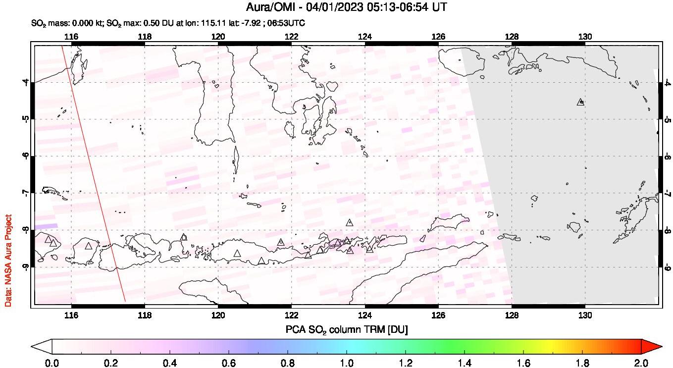 A sulfur dioxide image over Lesser Sunda Islands, Indonesia on Apr 01, 2023.