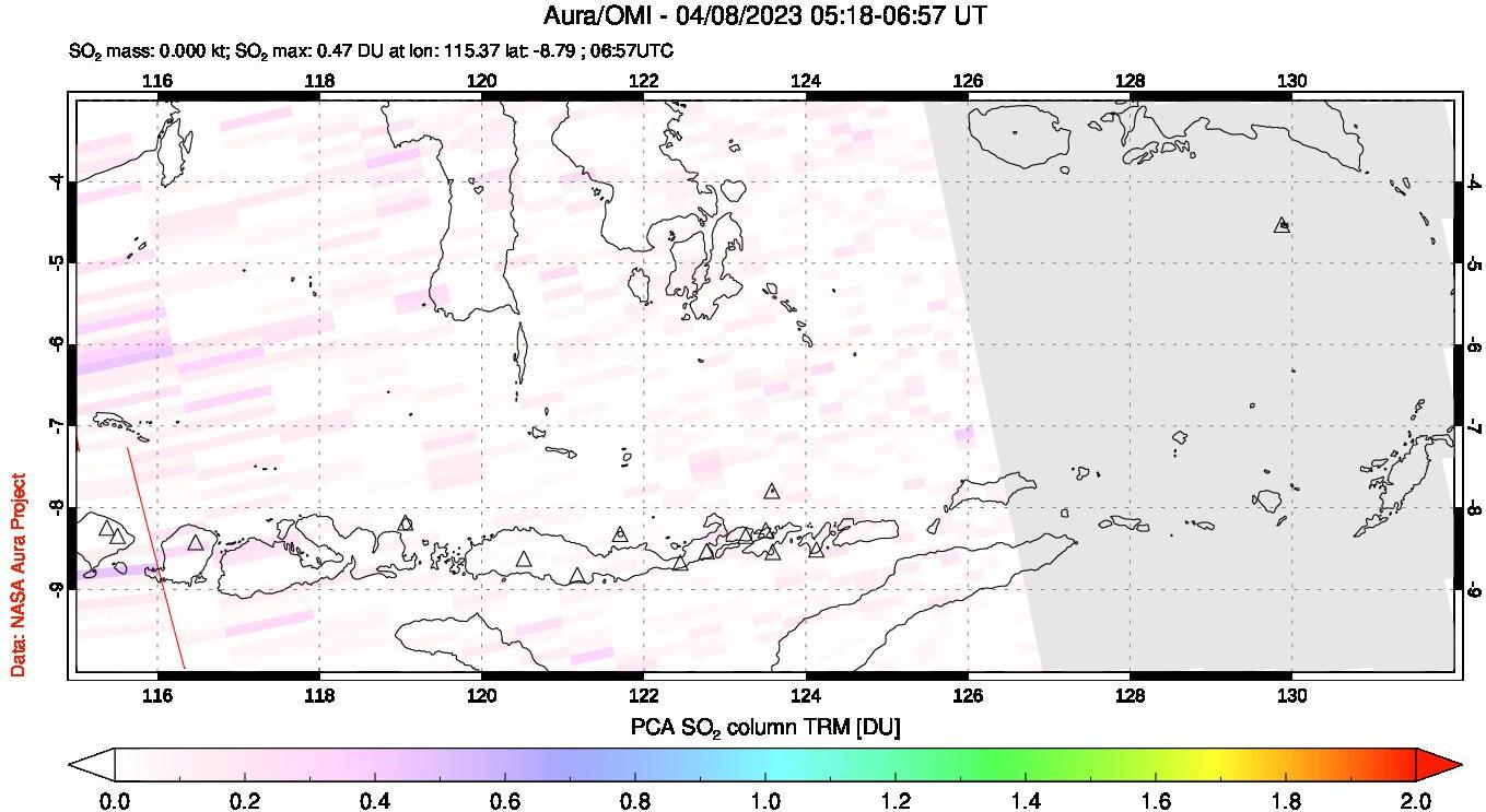 A sulfur dioxide image over Lesser Sunda Islands, Indonesia on Apr 08, 2023.