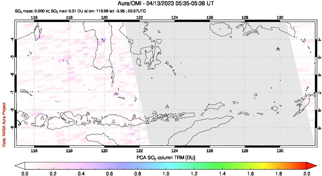 A sulfur dioxide image over Lesser Sunda Islands, Indonesia on Apr 13, 2023.