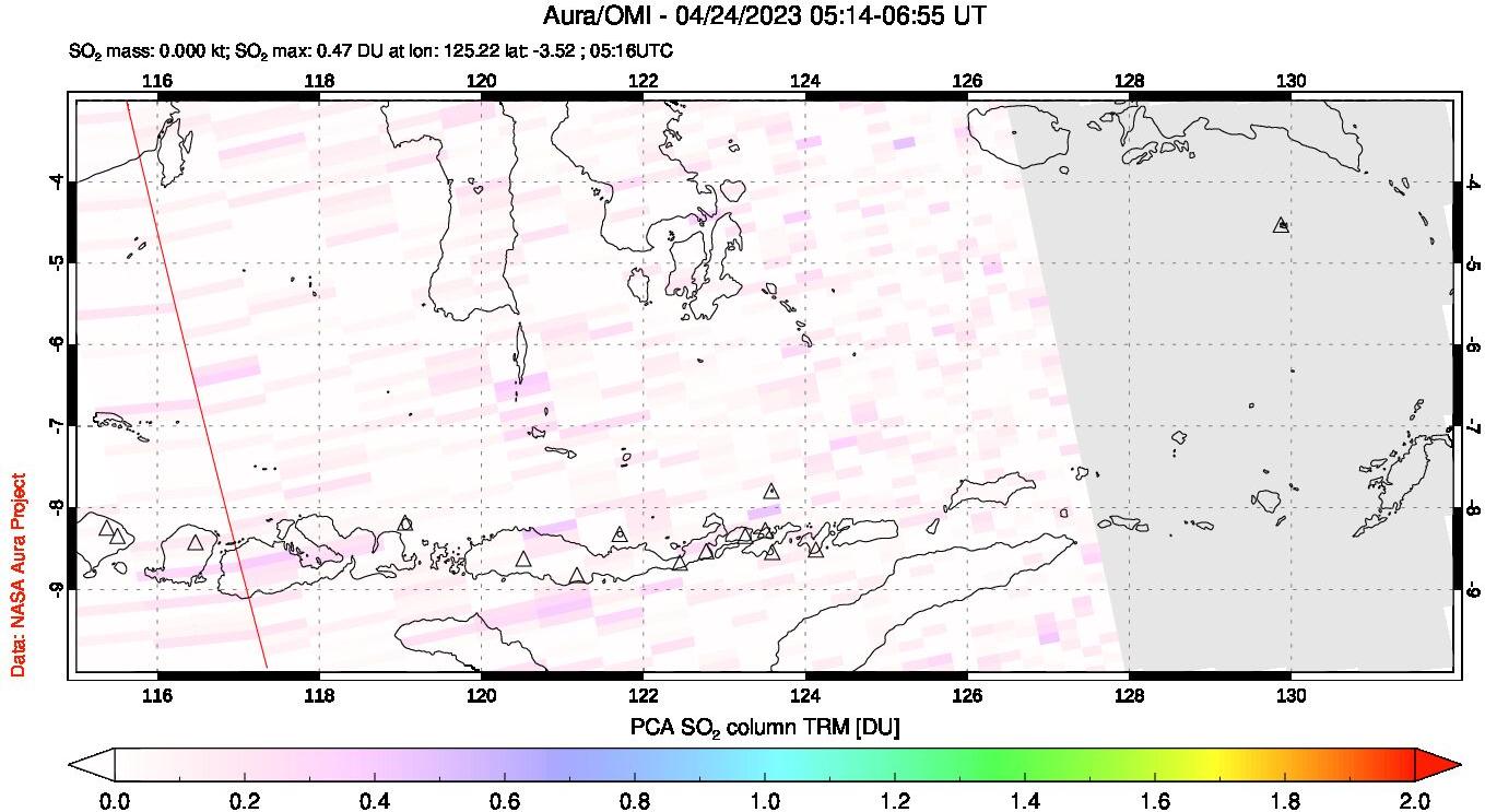 A sulfur dioxide image over Lesser Sunda Islands, Indonesia on Apr 24, 2023.