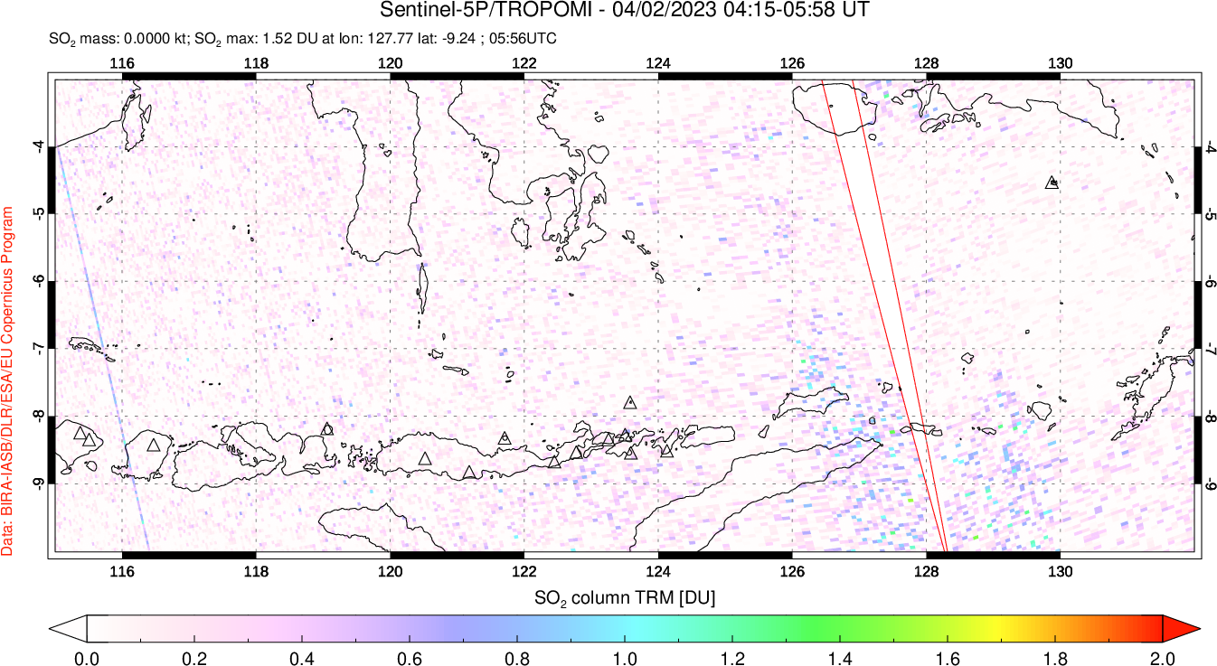 A sulfur dioxide image over Lesser Sunda Islands, Indonesia on Apr 02, 2023.