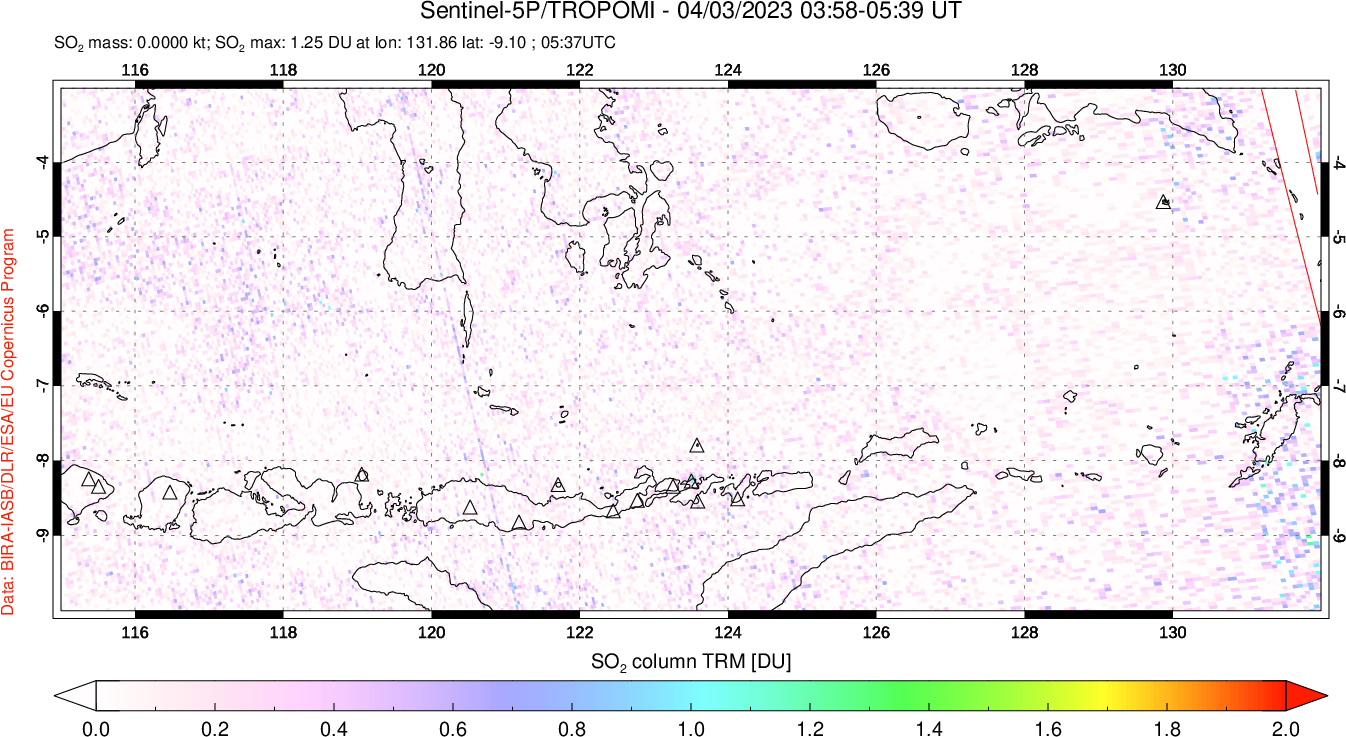 A sulfur dioxide image over Lesser Sunda Islands, Indonesia on Apr 03, 2023.
