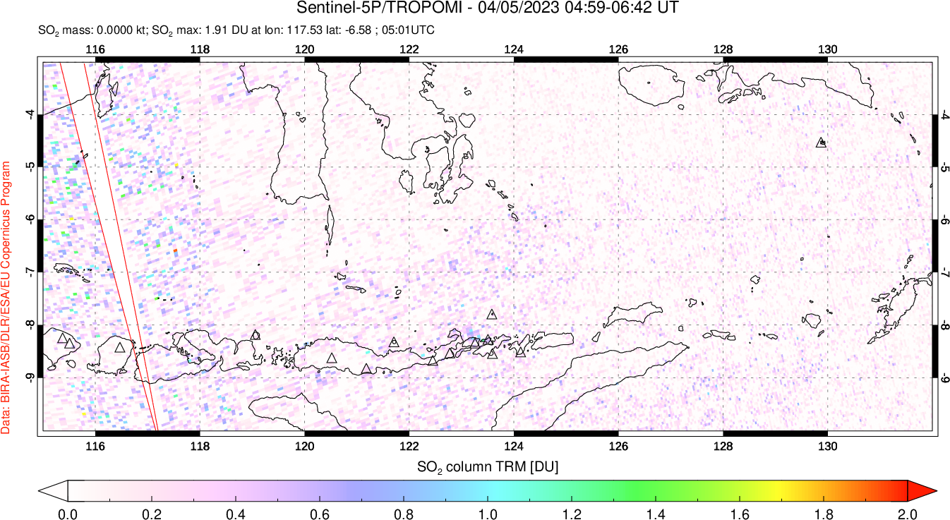 A sulfur dioxide image over Lesser Sunda Islands, Indonesia on Apr 05, 2023.