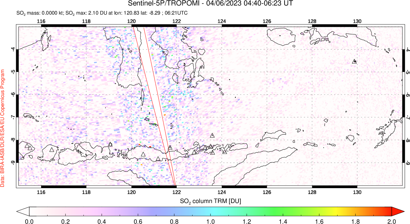 A sulfur dioxide image over Lesser Sunda Islands, Indonesia on Apr 06, 2023.
