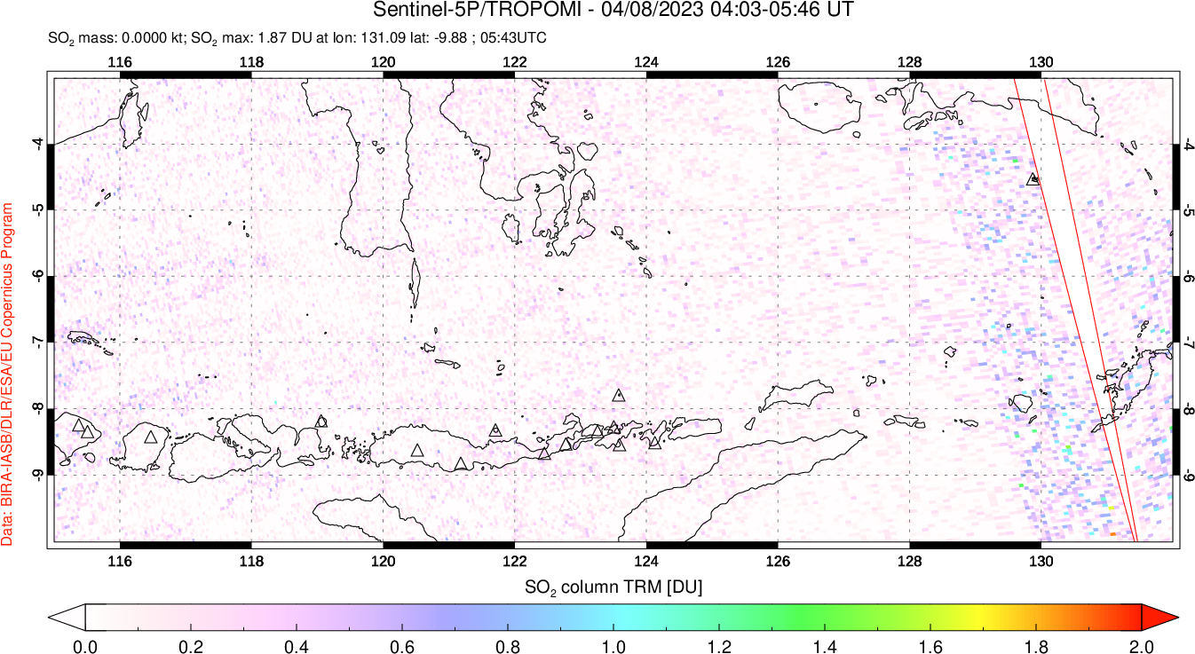 A sulfur dioxide image over Lesser Sunda Islands, Indonesia on Apr 08, 2023.