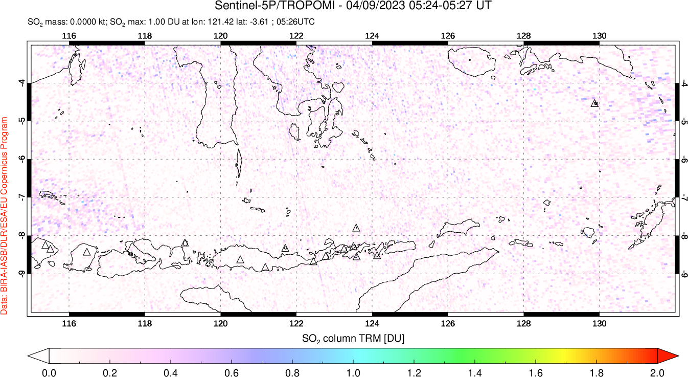 A sulfur dioxide image over Lesser Sunda Islands, Indonesia on Apr 09, 2023.
