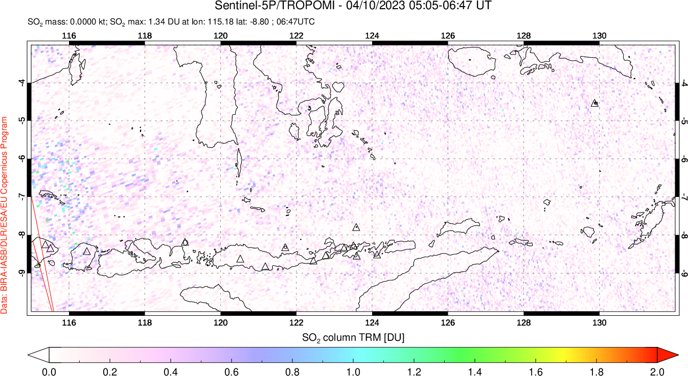 A sulfur dioxide image over Lesser Sunda Islands, Indonesia on Apr 10, 2023.