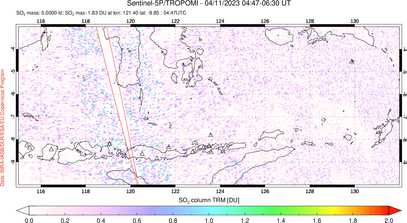 A sulfur dioxide image over Lesser Sunda Islands, Indonesia on Apr 11, 2023.