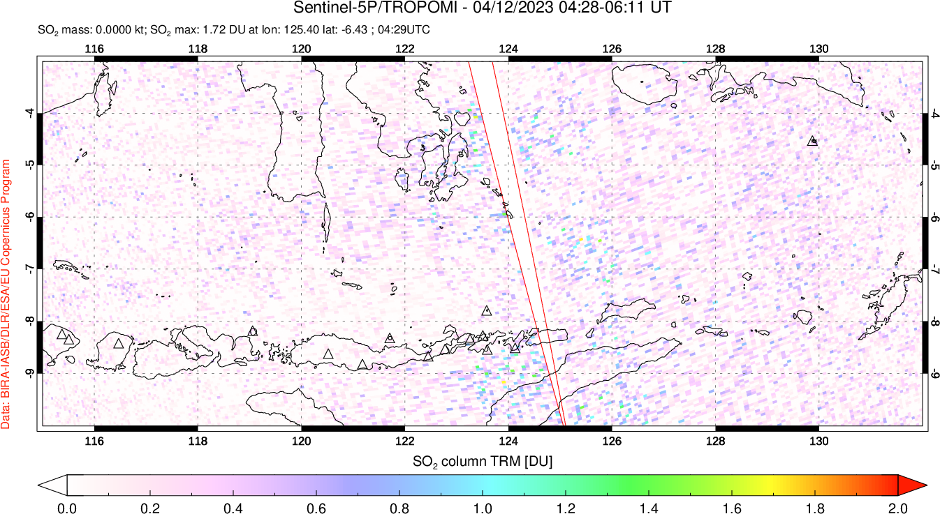 A sulfur dioxide image over Lesser Sunda Islands, Indonesia on Apr 12, 2023.