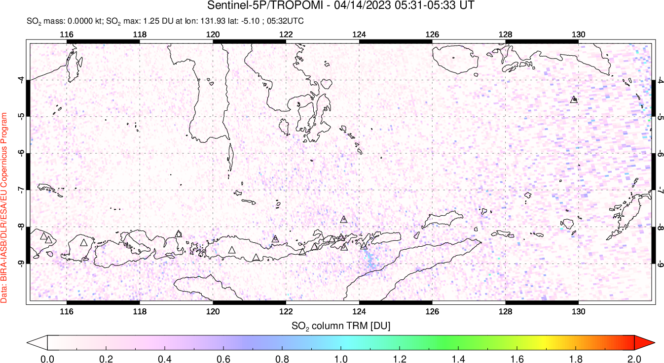 A sulfur dioxide image over Lesser Sunda Islands, Indonesia on Apr 14, 2023.