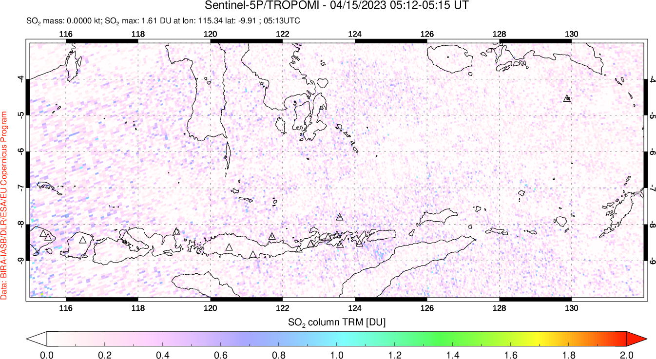 A sulfur dioxide image over Lesser Sunda Islands, Indonesia on Apr 15, 2023.
