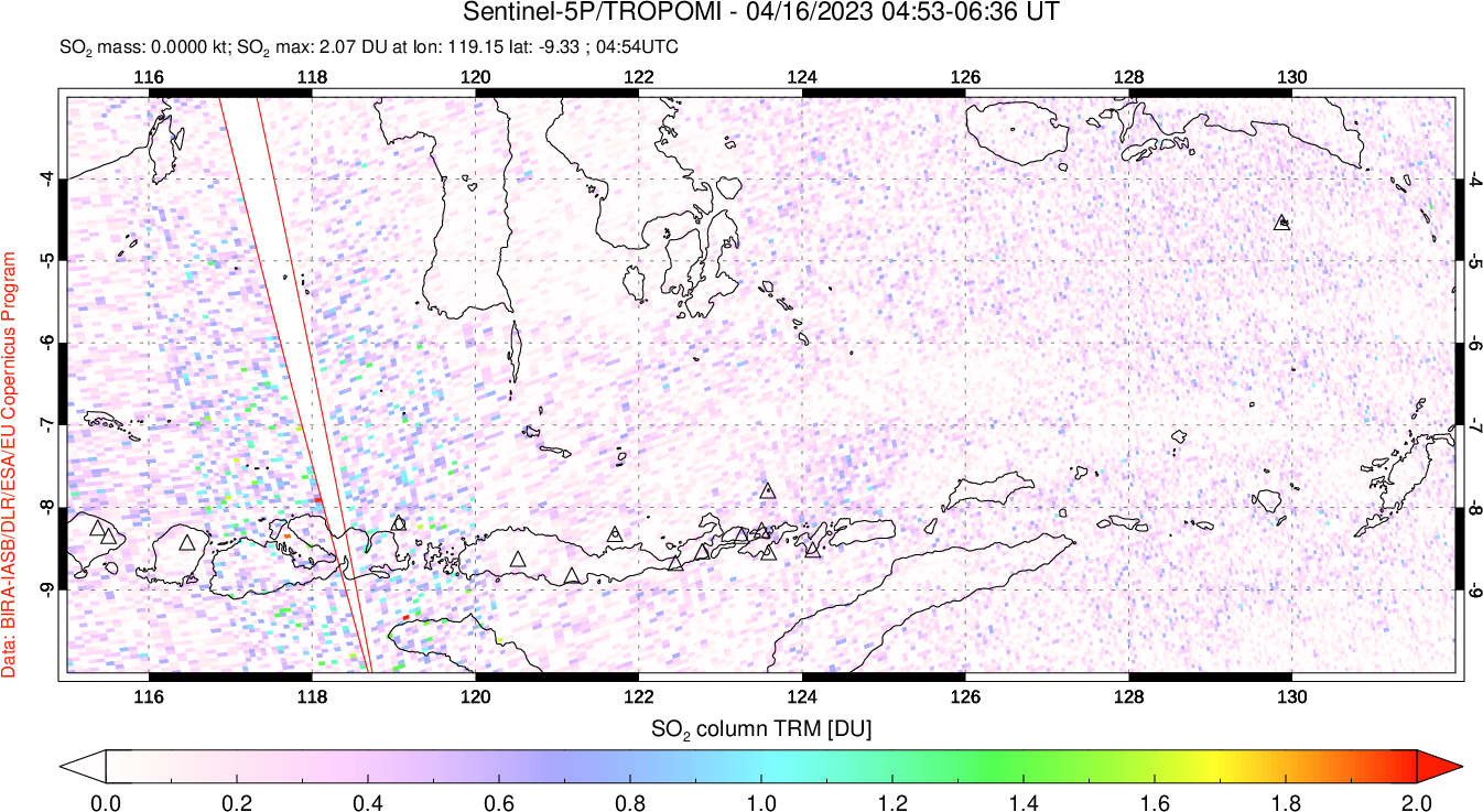 A sulfur dioxide image over Lesser Sunda Islands, Indonesia on Apr 16, 2023.