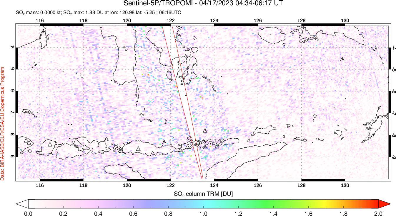 A sulfur dioxide image over Lesser Sunda Islands, Indonesia on Apr 17, 2023.