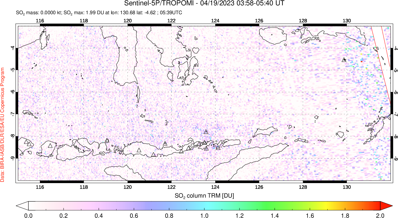 A sulfur dioxide image over Lesser Sunda Islands, Indonesia on Apr 19, 2023.
