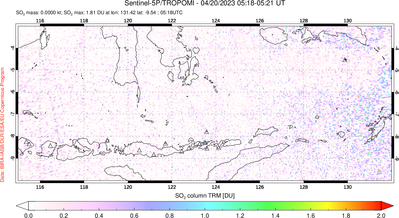 A sulfur dioxide image over Lesser Sunda Islands, Indonesia on Apr 20, 2023.