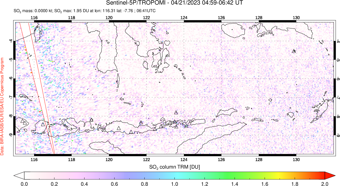 A sulfur dioxide image over Lesser Sunda Islands, Indonesia on Apr 21, 2023.