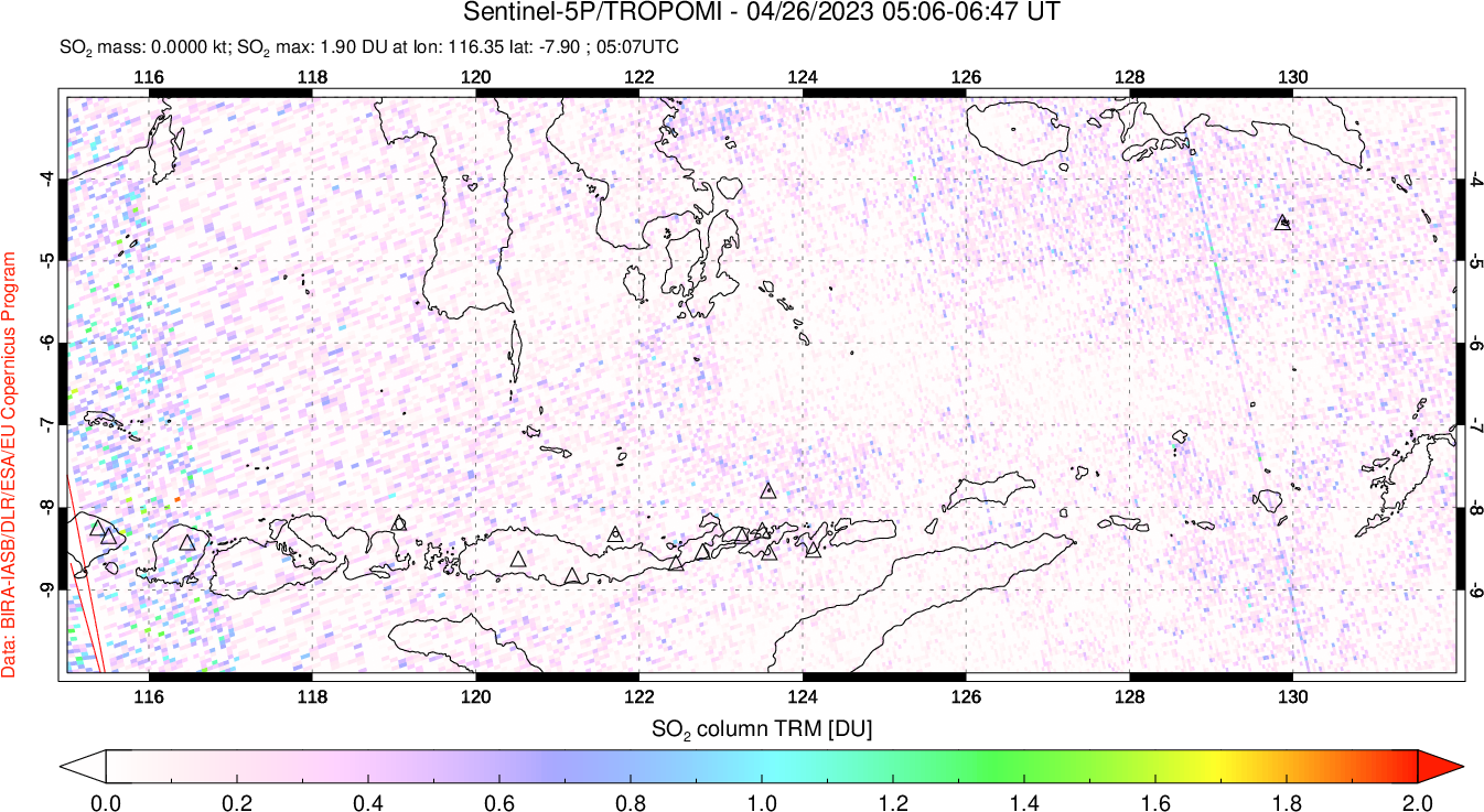 A sulfur dioxide image over Lesser Sunda Islands, Indonesia on Apr 26, 2023.