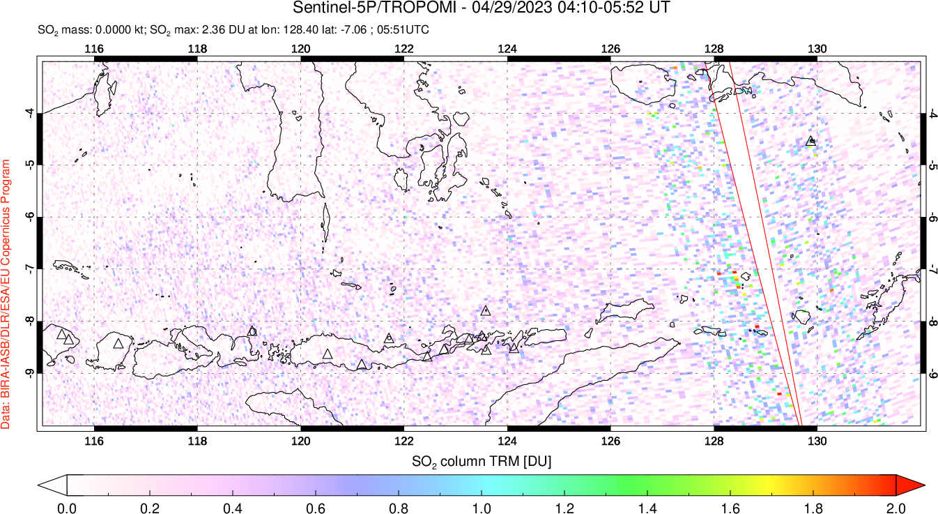 A sulfur dioxide image over Lesser Sunda Islands, Indonesia on Apr 29, 2023.