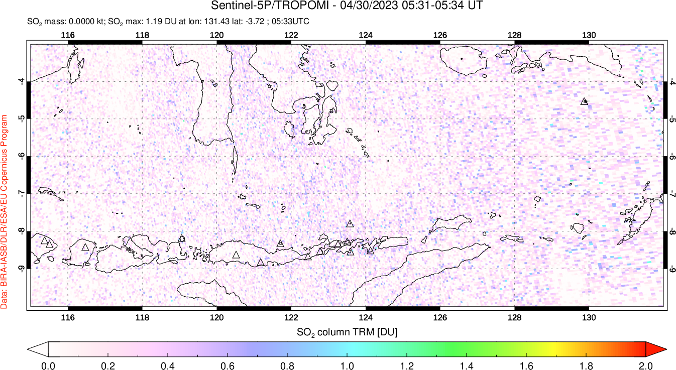 A sulfur dioxide image over Lesser Sunda Islands, Indonesia on Apr 30, 2023.