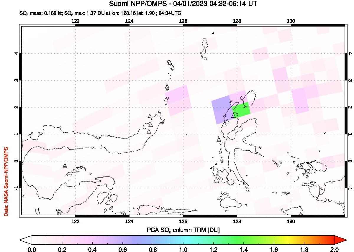 A sulfur dioxide image over Northern Sulawesi & Halmahera, Indonesia on Apr 01, 2023.