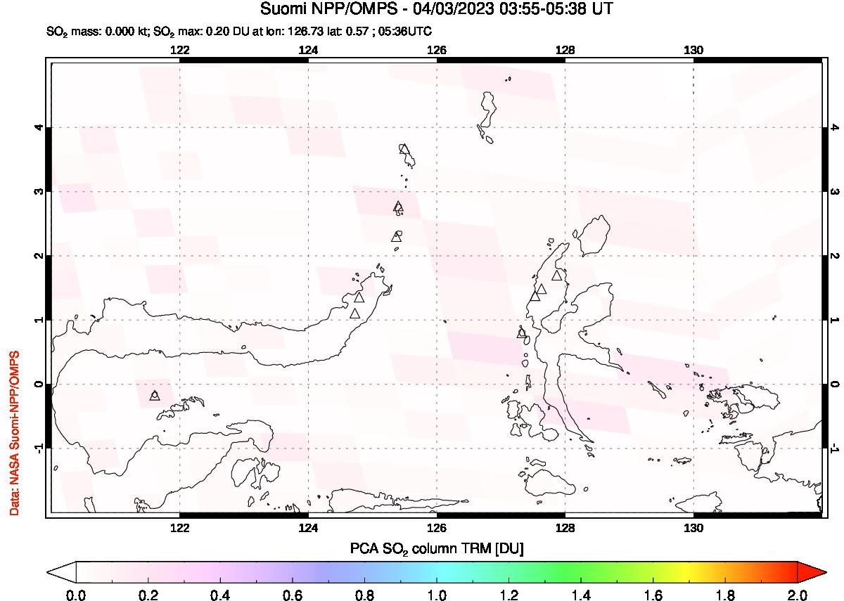 A sulfur dioxide image over Northern Sulawesi & Halmahera, Indonesia on Apr 03, 2023.