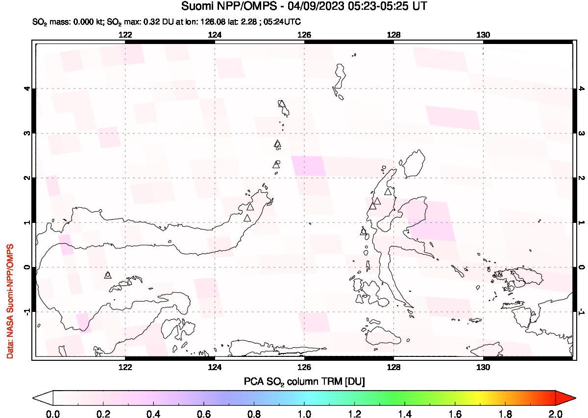 A sulfur dioxide image over Northern Sulawesi & Halmahera, Indonesia on Apr 09, 2023.