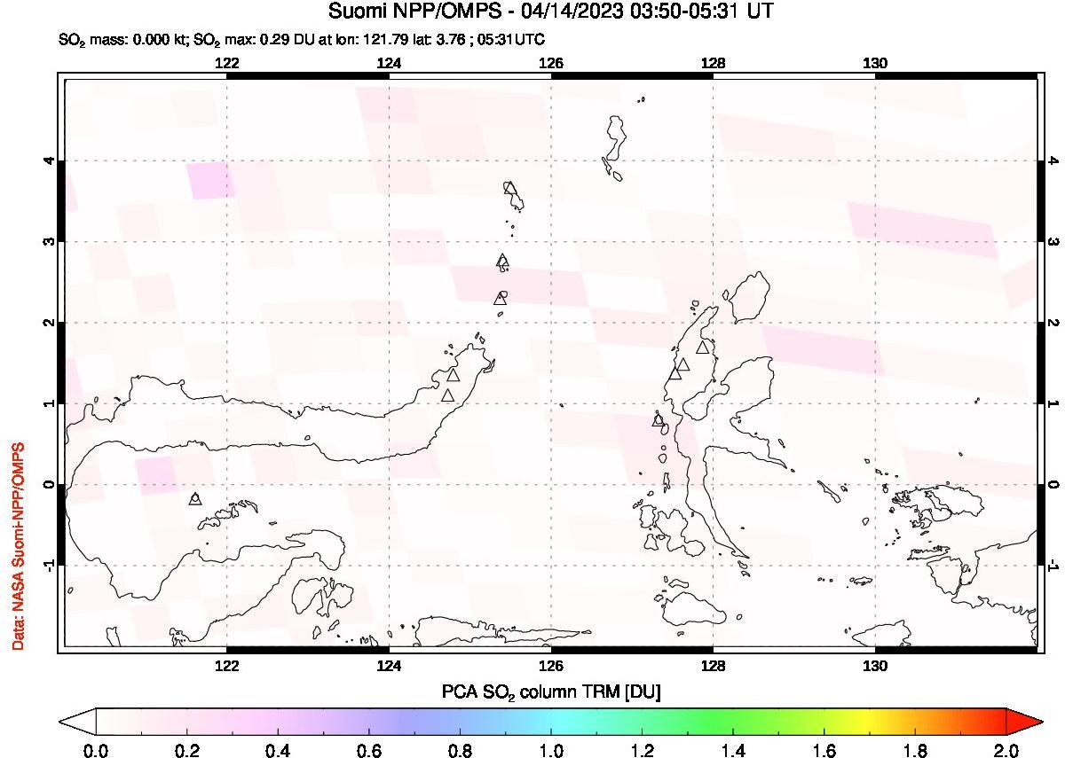 A sulfur dioxide image over Northern Sulawesi & Halmahera, Indonesia on Apr 14, 2023.