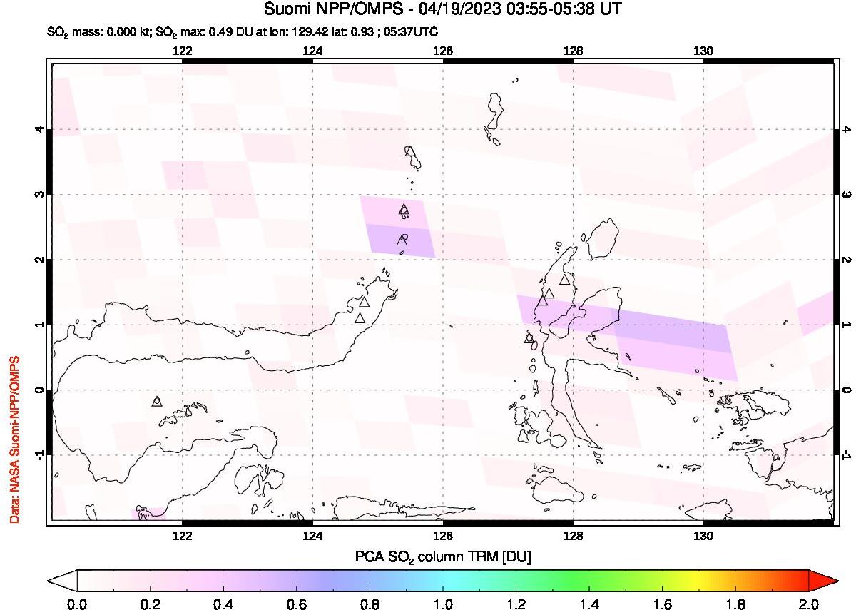 A sulfur dioxide image over Northern Sulawesi & Halmahera, Indonesia on Apr 19, 2023.
