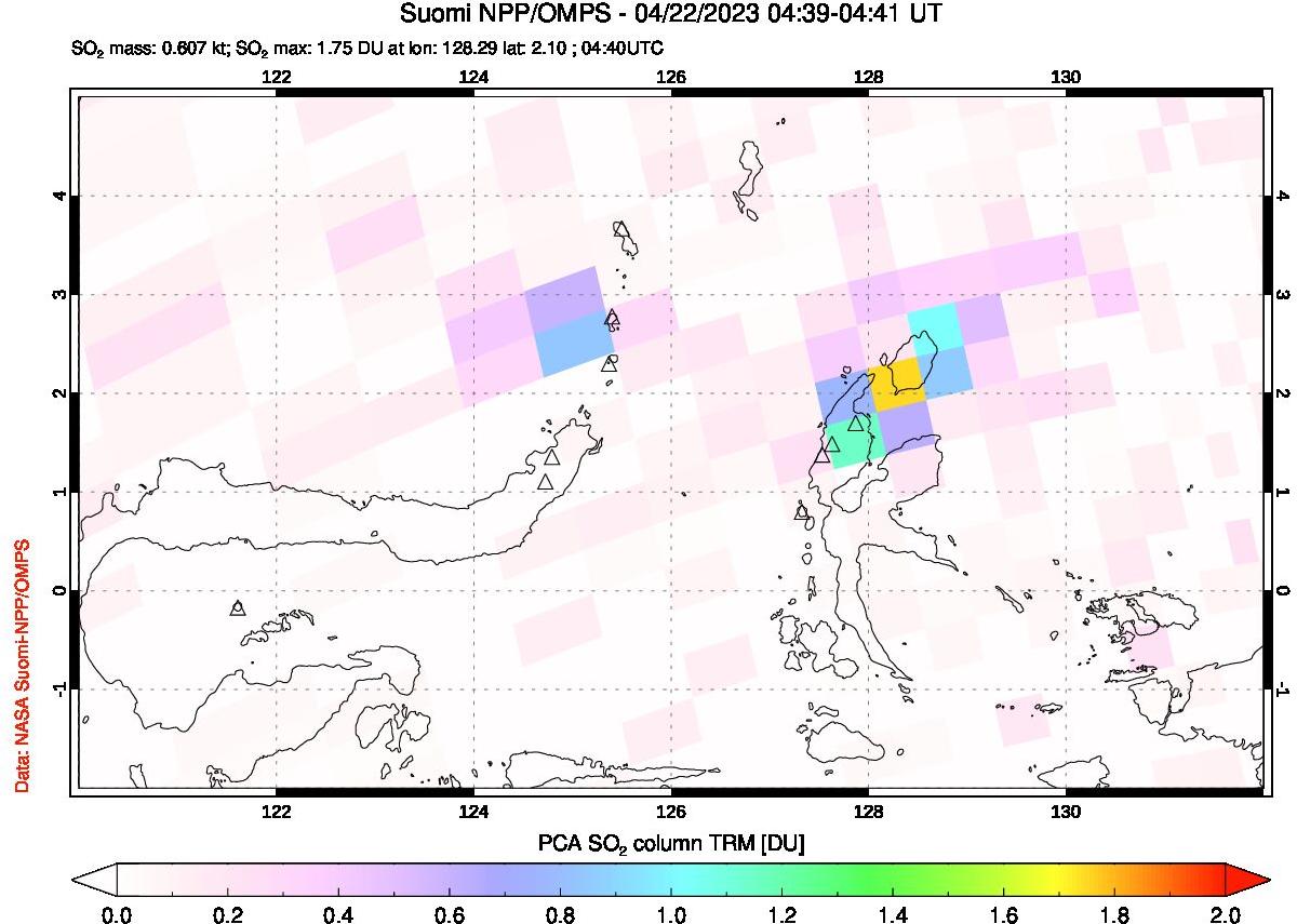 A sulfur dioxide image over Northern Sulawesi & Halmahera, Indonesia on Apr 22, 2023.