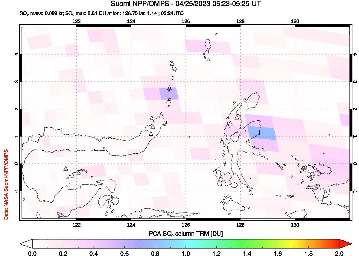 A sulfur dioxide image over Northern Sulawesi & Halmahera, Indonesia on Apr 25, 2023.