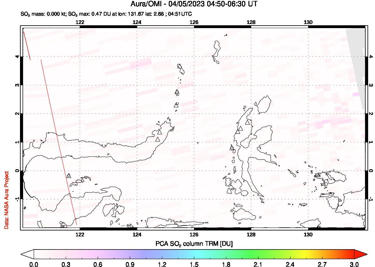 A sulfur dioxide image over Northern Sulawesi & Halmahera, Indonesia on Apr 05, 2023.