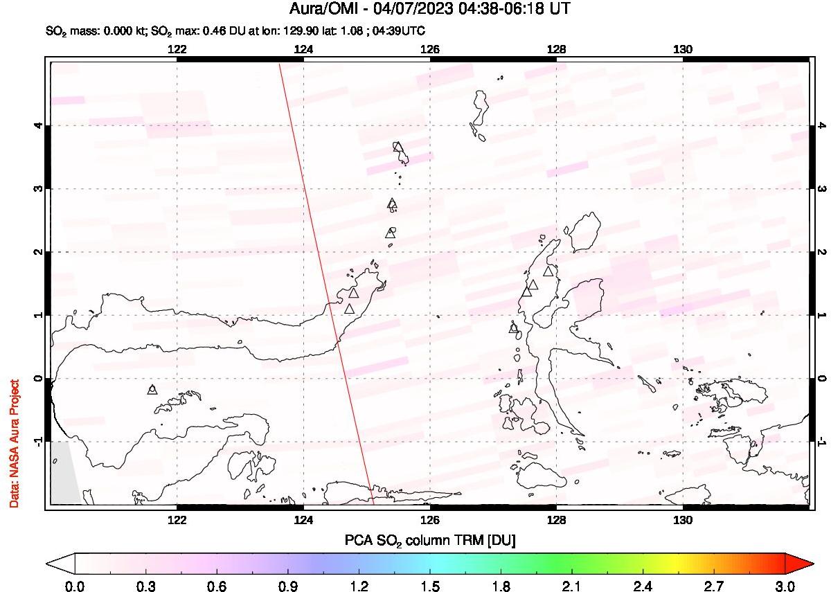 A sulfur dioxide image over Northern Sulawesi & Halmahera, Indonesia on Apr 07, 2023.