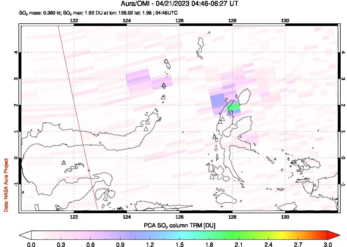 A sulfur dioxide image over Northern Sulawesi & Halmahera, Indonesia on Apr 21, 2023.