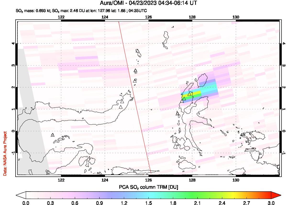 A sulfur dioxide image over Northern Sulawesi & Halmahera, Indonesia on Apr 23, 2023.