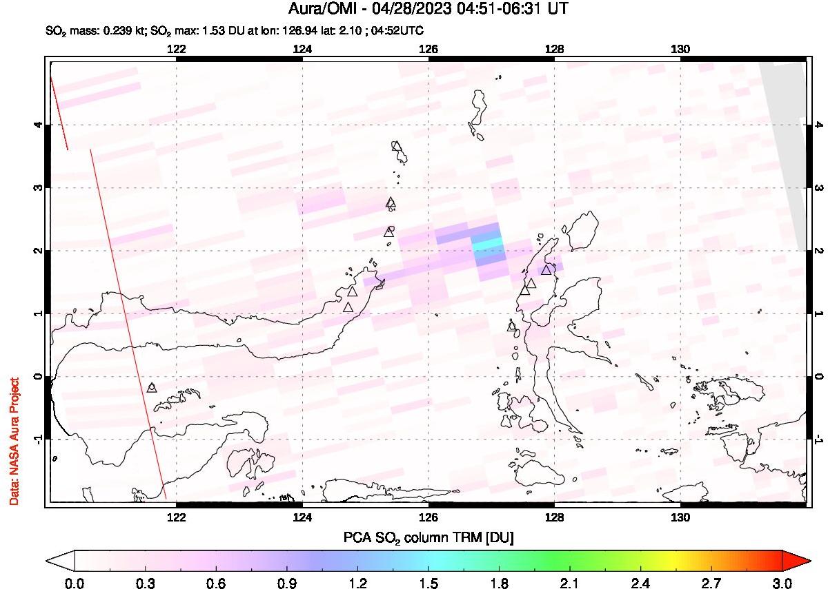 A sulfur dioxide image over Northern Sulawesi & Halmahera, Indonesia on Apr 28, 2023.