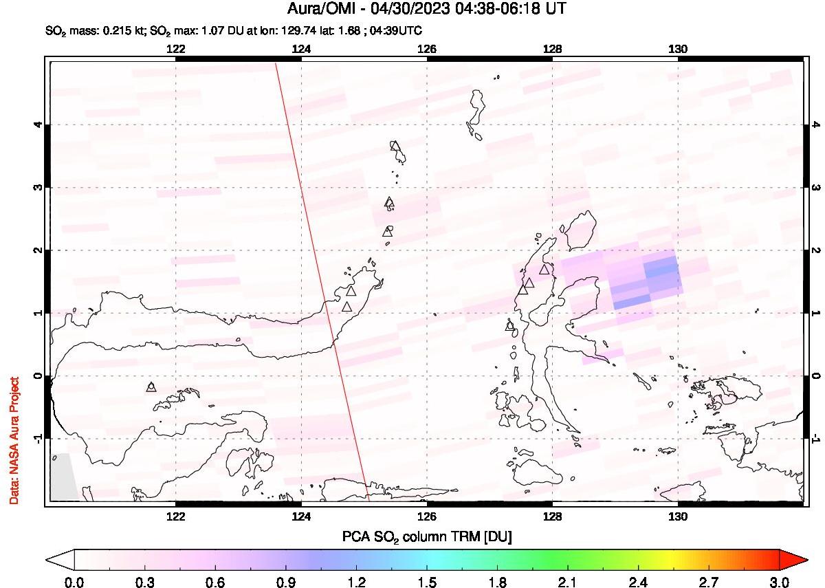A sulfur dioxide image over Northern Sulawesi & Halmahera, Indonesia on Apr 30, 2023.