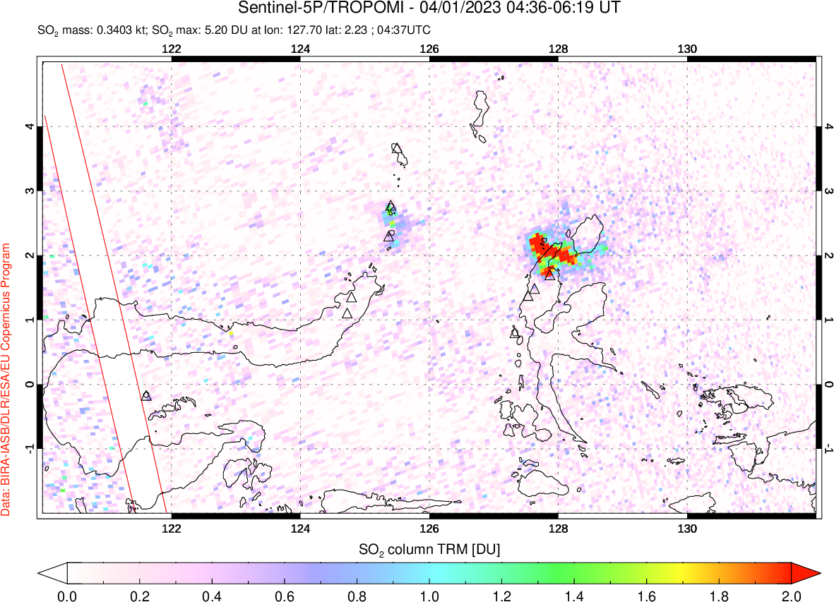 A sulfur dioxide image over Northern Sulawesi & Halmahera, Indonesia on Apr 01, 2023.